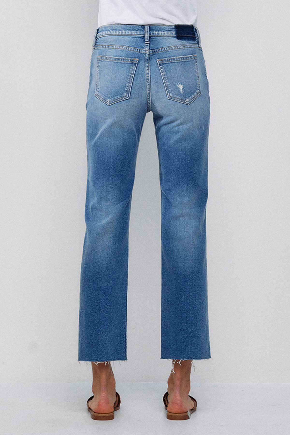 SNEAK PEEK- MID RISE STRAIGHT JEANS WITH KNEE RIPS