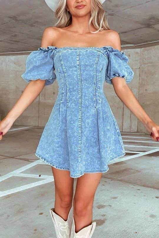Slim Fit Denim Short Sleeve Dress - 7 Semicolon Couture