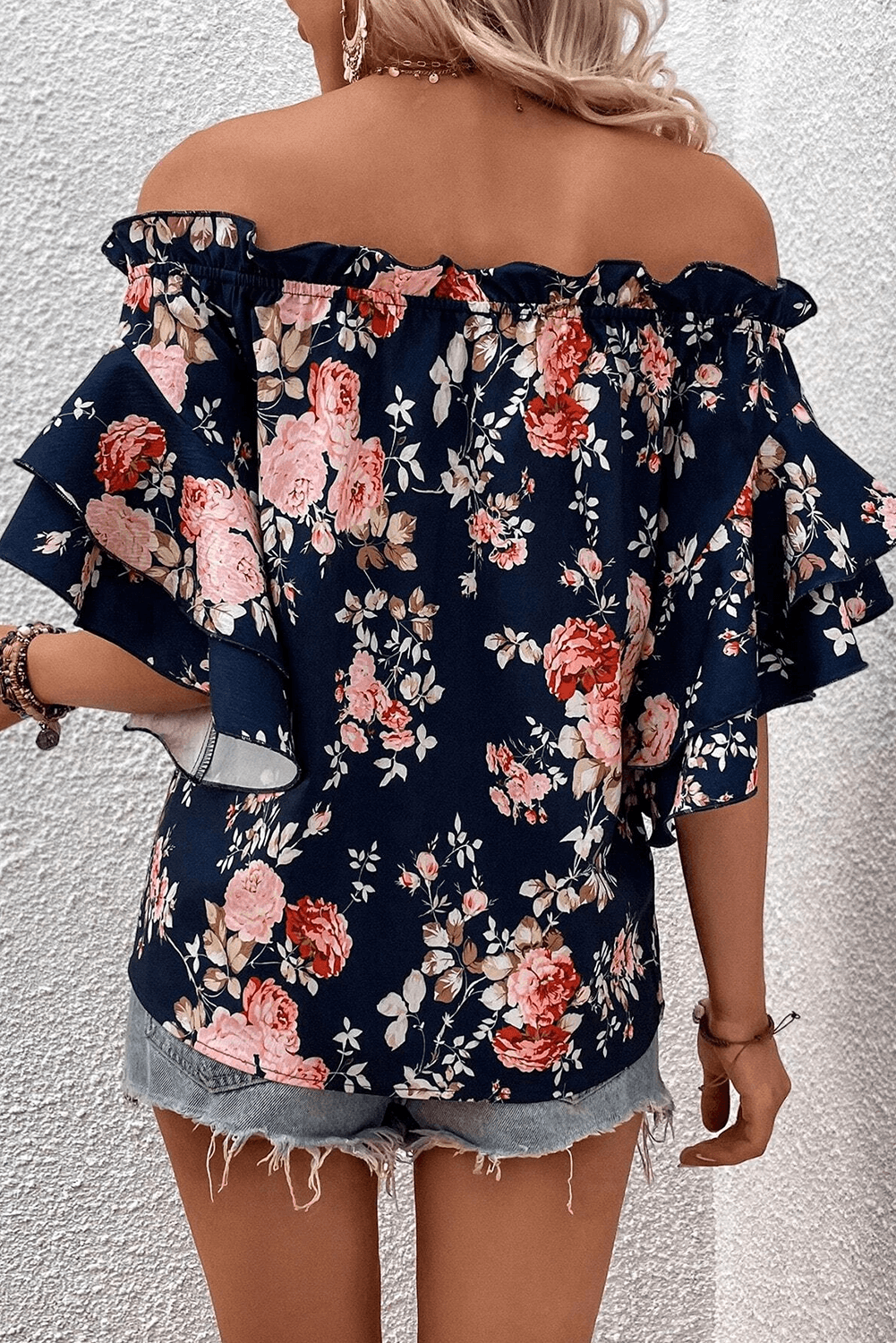 Blue Ruffle Off Shoulder Floral Blouse - 7 Semicolon Couture