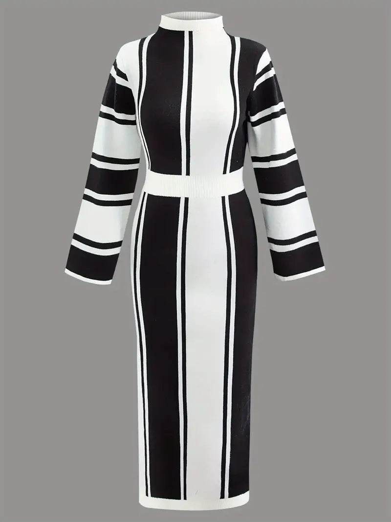 Color Block Striped Acrylic Knit Dress - Casual Crew Neck Fitted Midi Dress with Waist Cinching - 7 Semicolon Couture