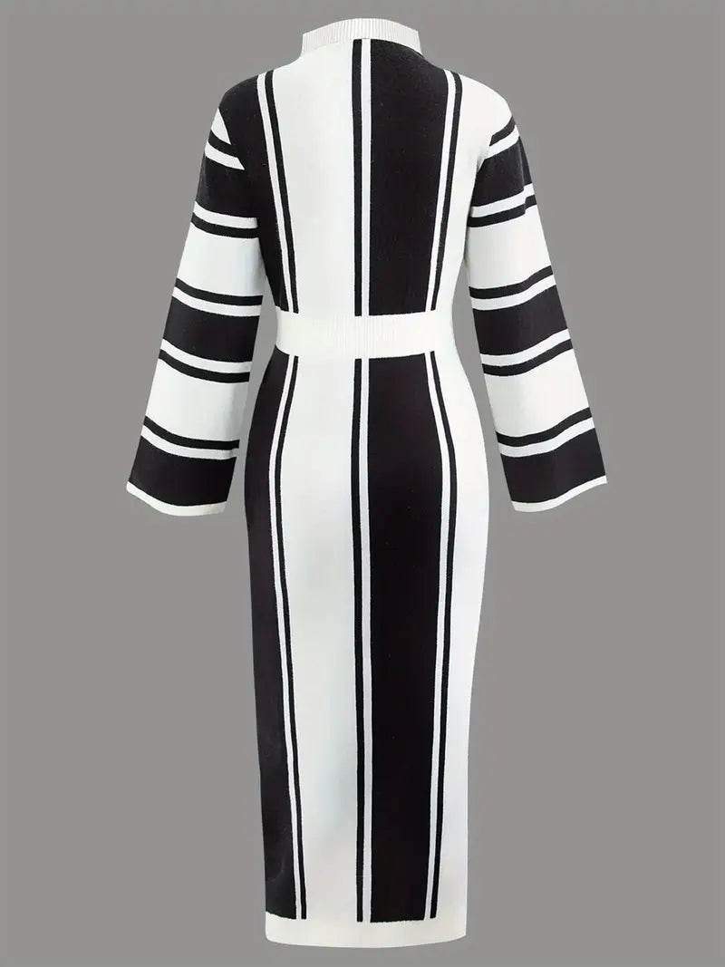 Color Block Striped Acrylic Knit Dress - Casual Crew Neck Fitted Midi Dress with Waist Cinching - 7 Semicolon Couture
