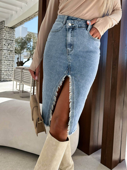 Solid Color Denim Split Skirt - 7 Semicolon Couture