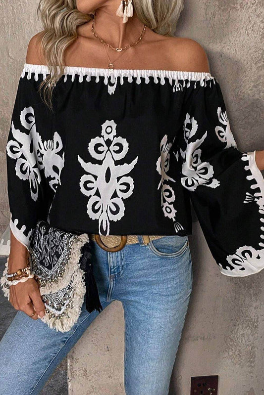 Boho Abstract Off Shoulder Blouse - 7 Semicolon Couture