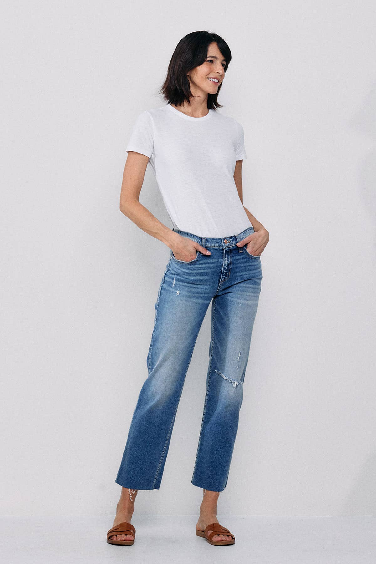 SNEAK PEEK- MID RISE STRAIGHT JEANS WITH KNEE RIPS