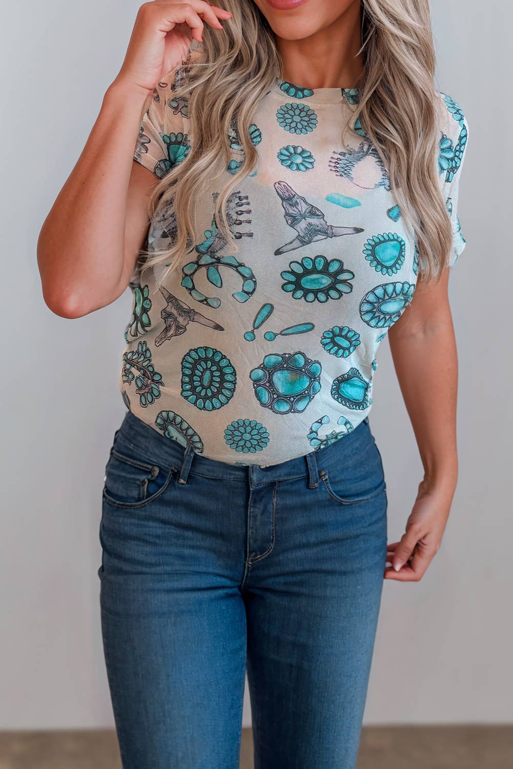 Western Turquoise Printed See-through Summer Tee