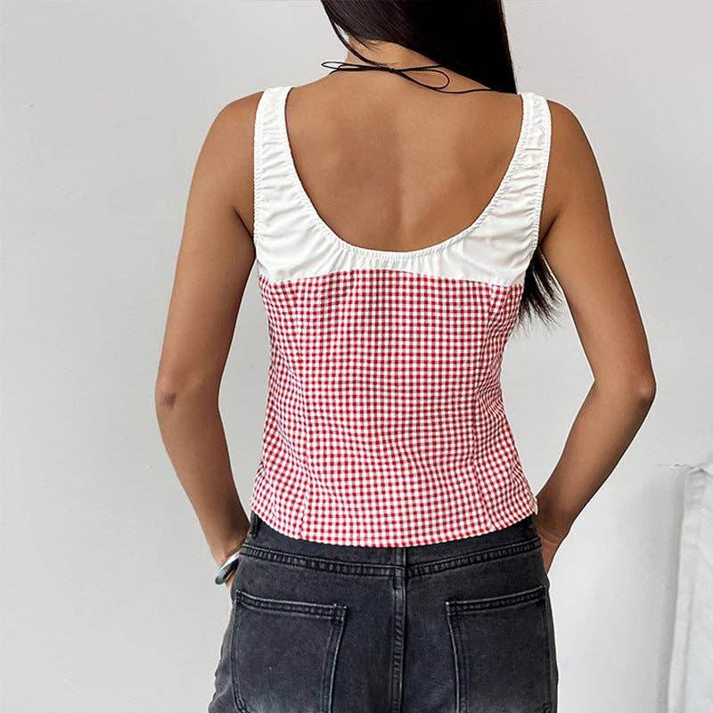 Colorblocked Checkered Lace-Up Vest Camisole - 7 Semicolon Couture