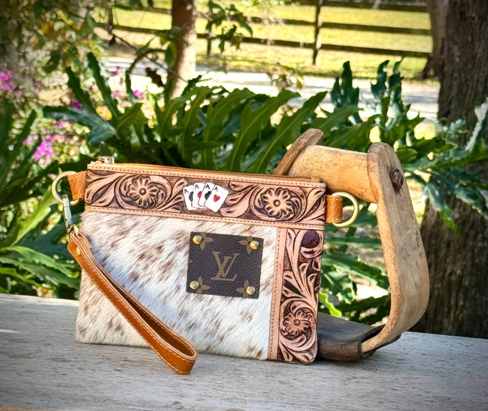 Upcycled LV Cowhide Leather Wristlet Crossbody Bag Western  - 7 Semicolon Couture