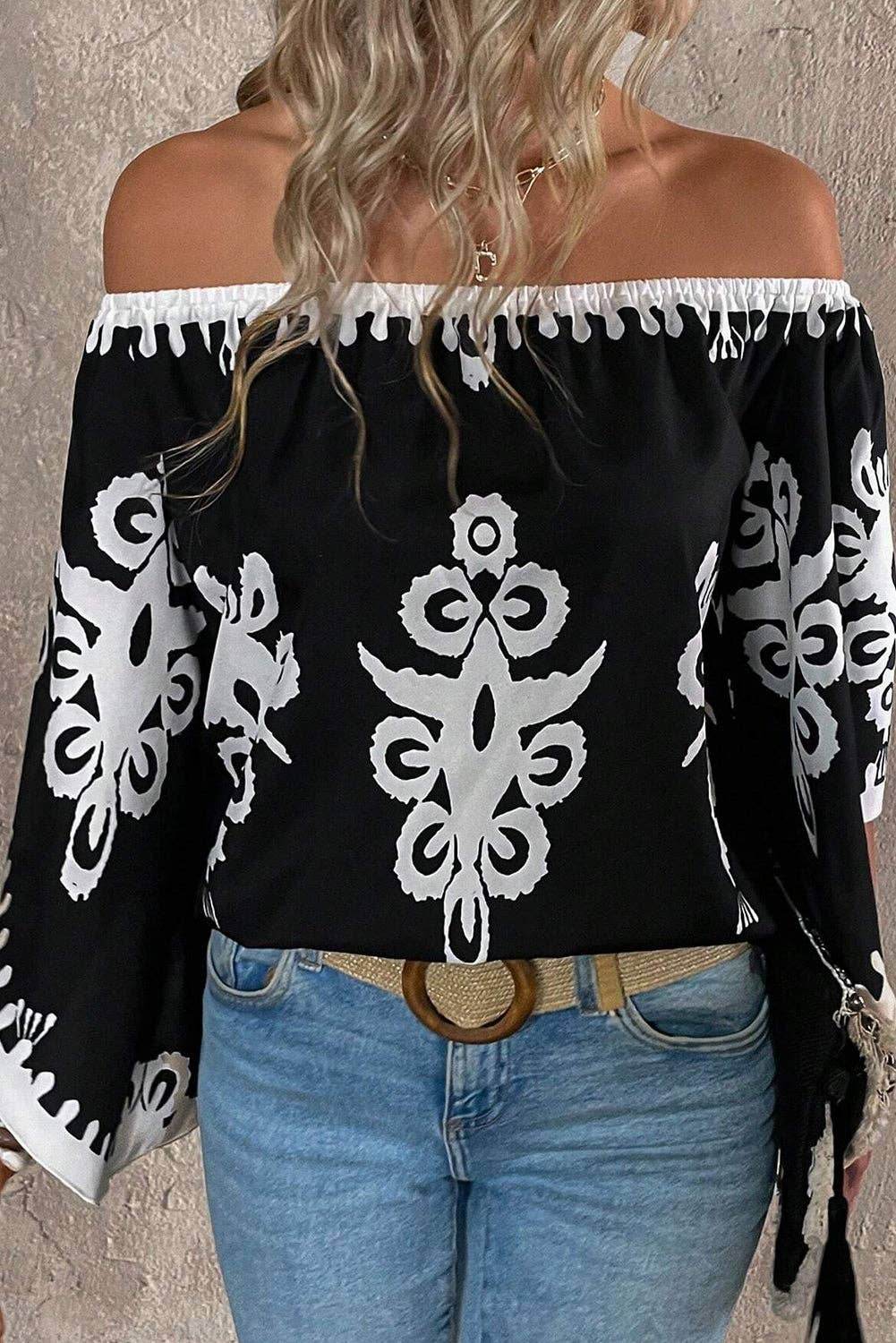 Boho Abstract Off Shoulder Blouse - 7 Semicolon Couture