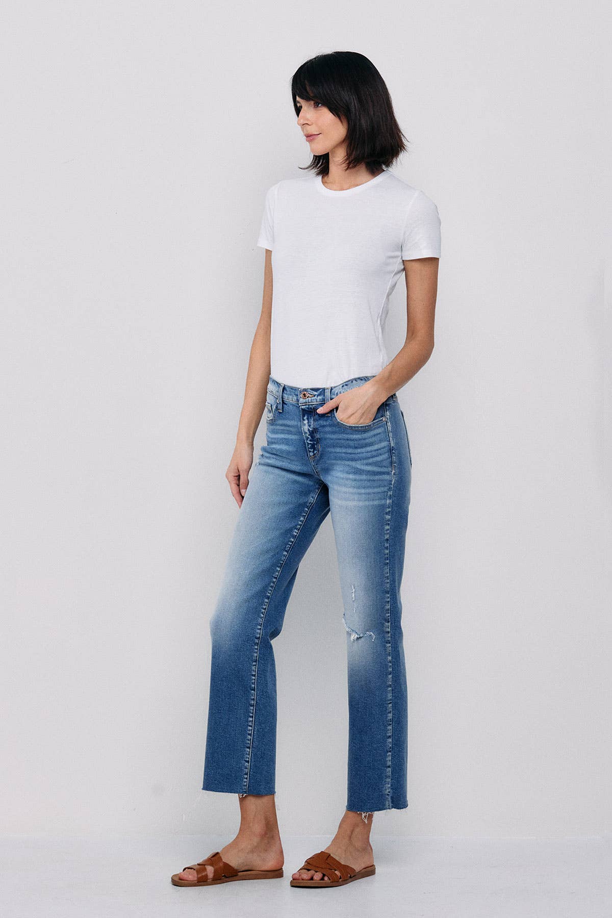 SNEAK PEEK- MID RISE STRAIGHT JEANS WITH KNEE RIPS