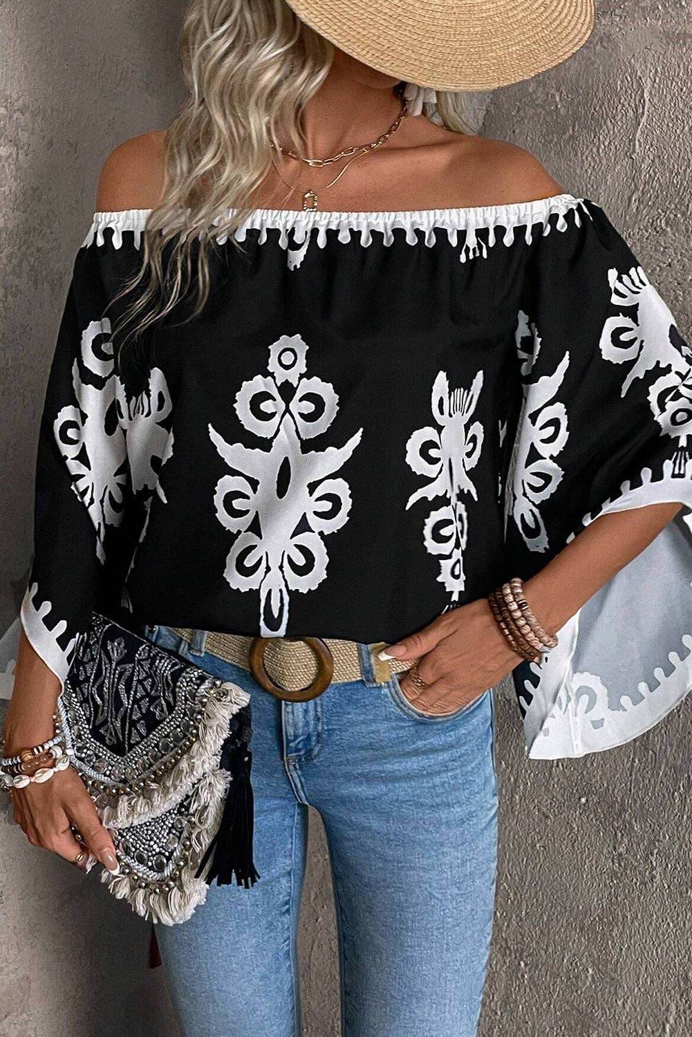 Boho Abstract Off Shoulder Blouse - 7 Semicolon Couture