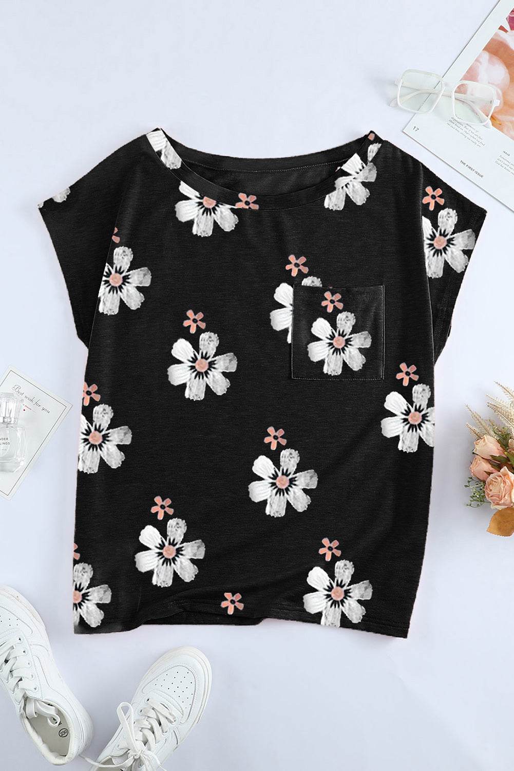 Floral Cap Sleeve T-shirt - 7 Semicolon Couture
