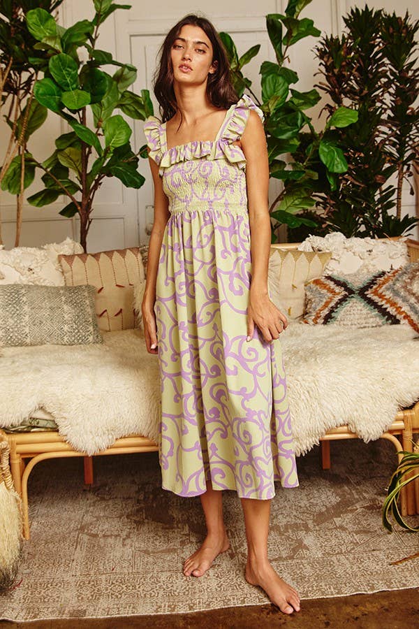 Ruffled Smocked Bodice Woven Midi Dress