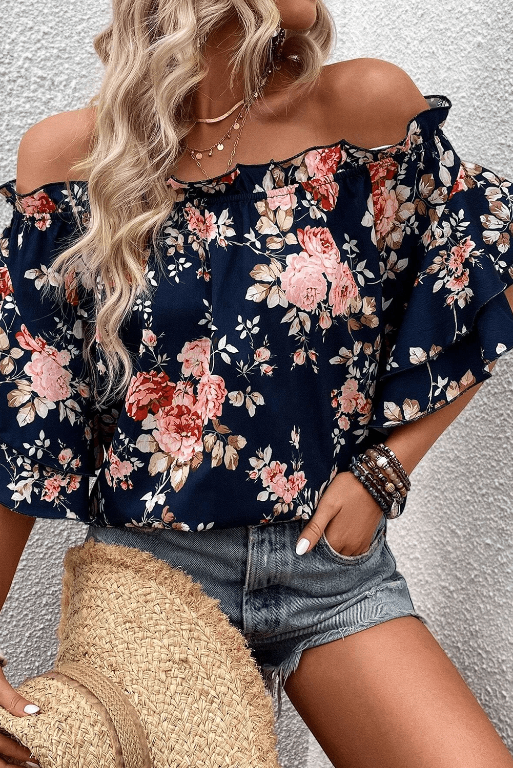 Blue Ruffle Off Shoulder Floral Blouse - 7 Semicolon Couture