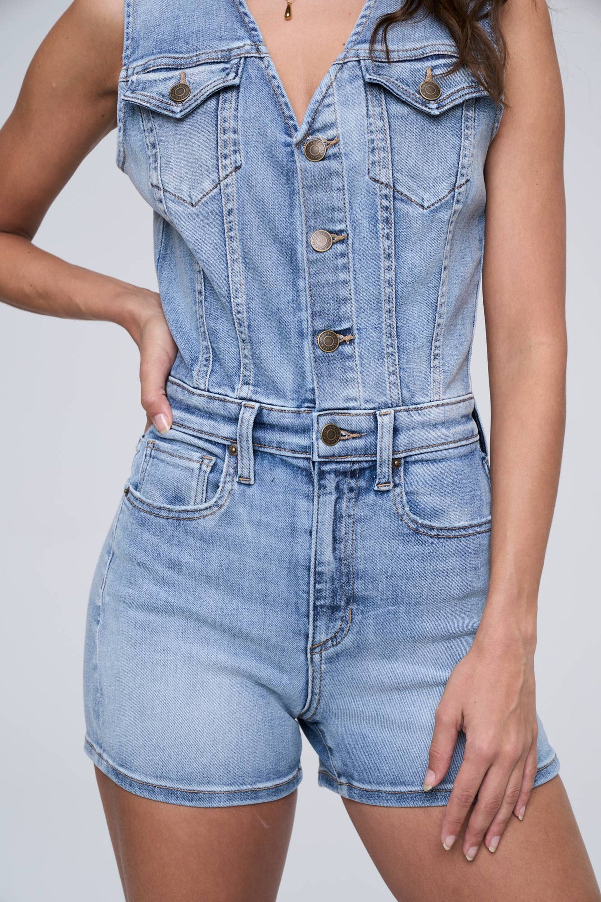 Stretch Denim Sleeveless Button-Front Short Romper