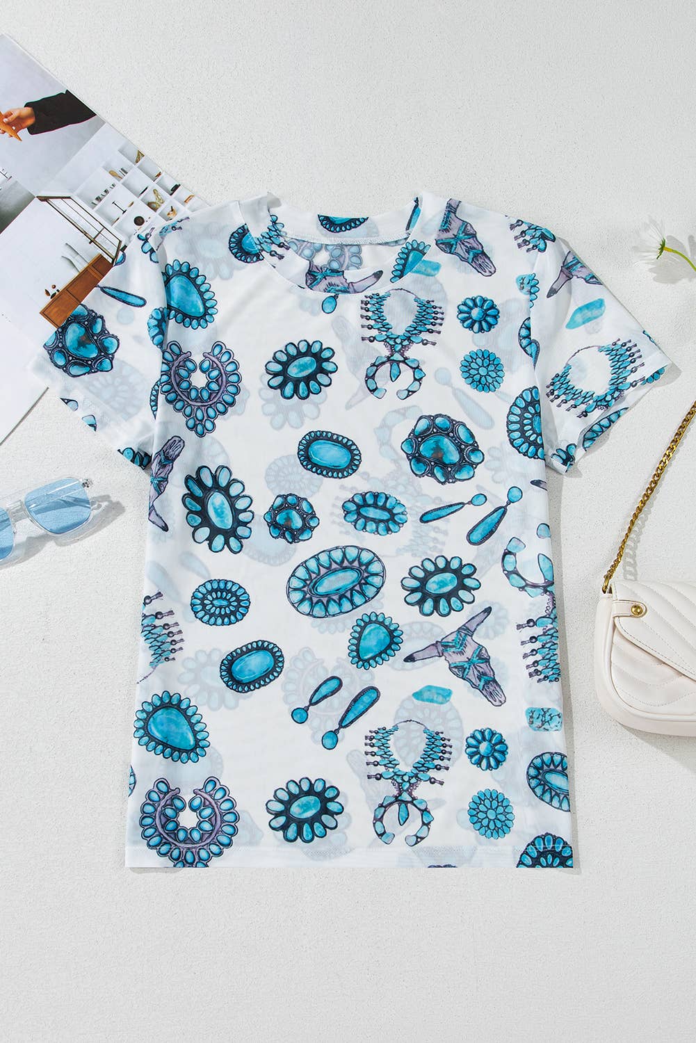 Western Turquoise Printed See-through Summer Tee