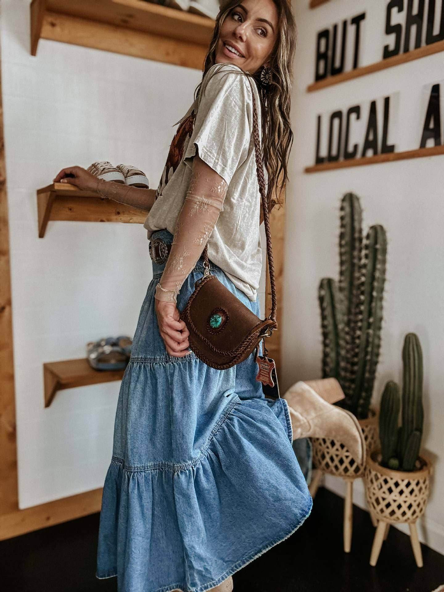 Bohemian Tiered Denim Skirt A-Line - 7 Semicolon Couture
