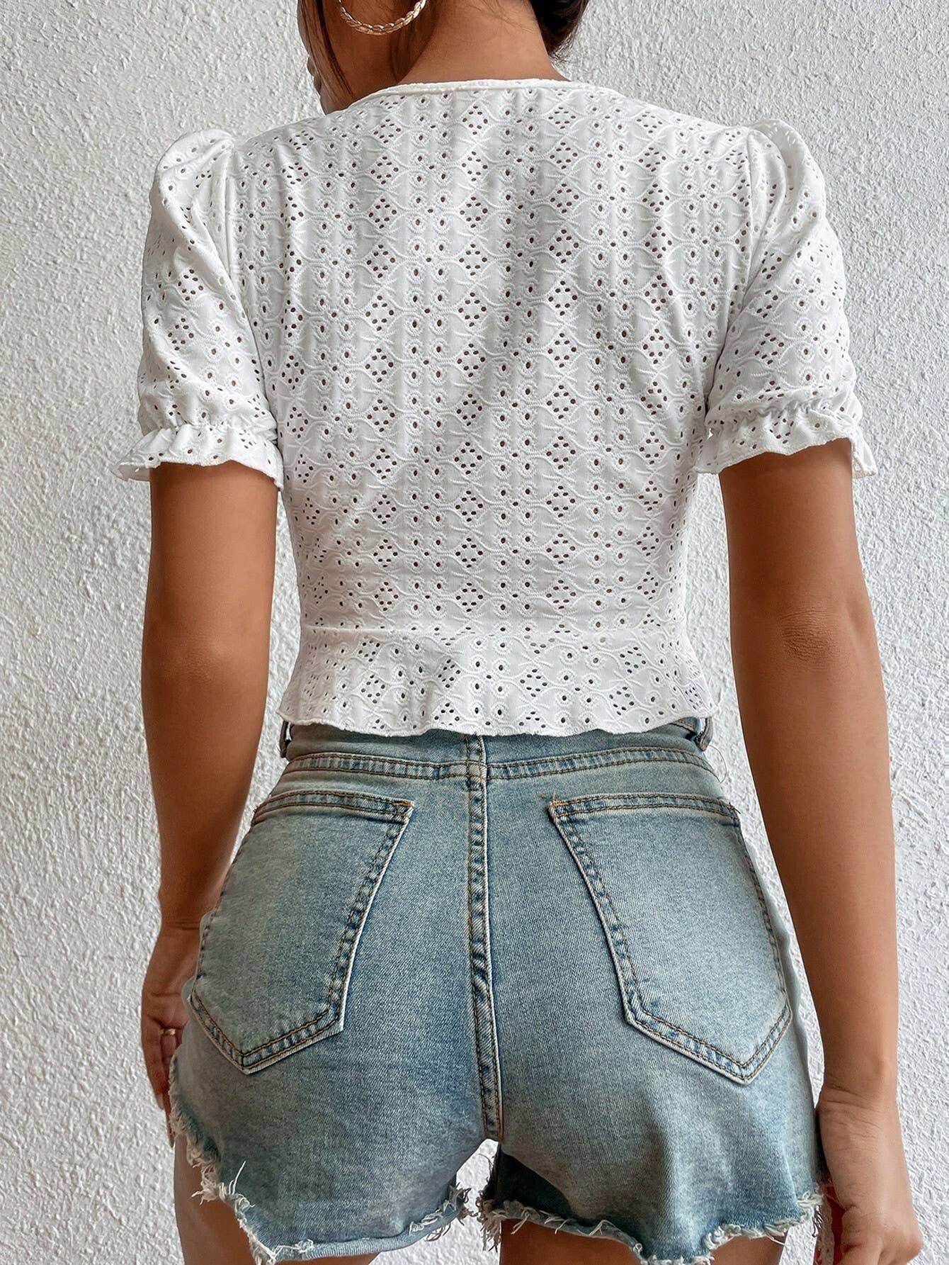 Short crop strap embroidered V-neck T-shirt - 7 Semicolon Couture