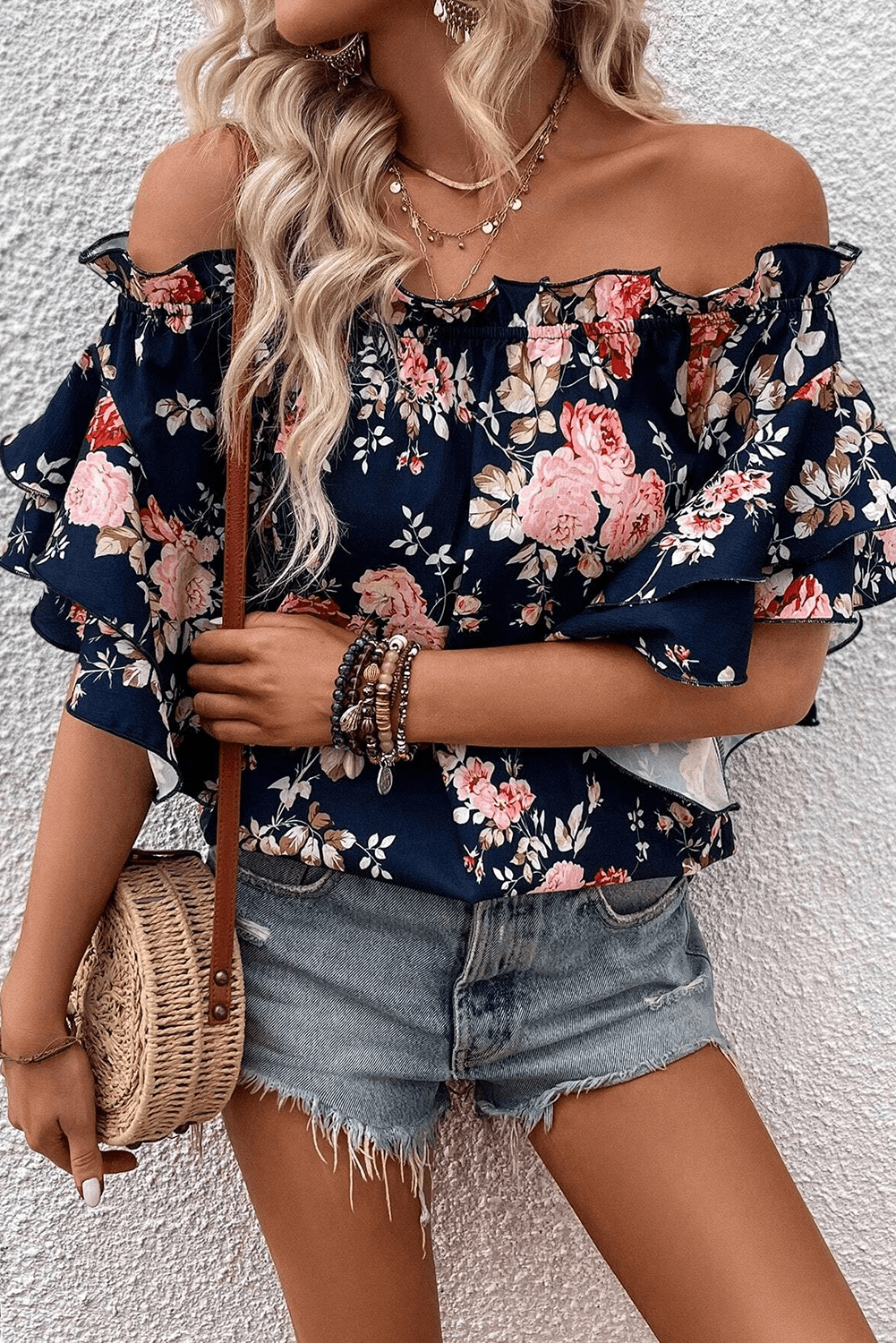 Blue Ruffle Off Shoulder Floral Blouse - 7 Semicolon Couture