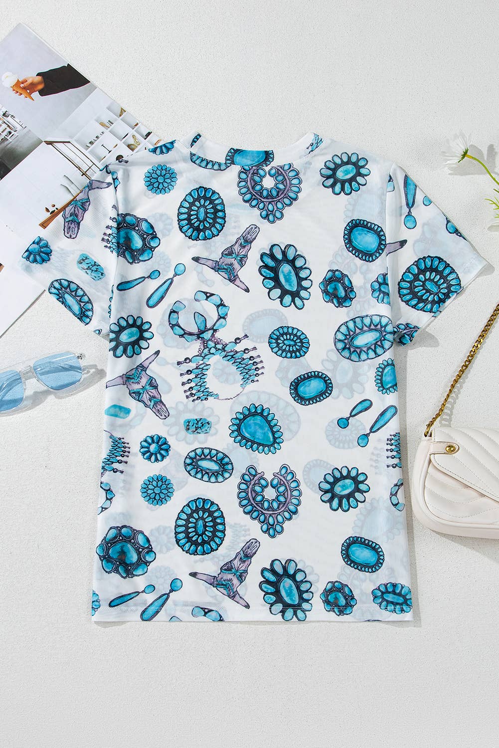 Western Turquoise Printed See-through Summer Tee