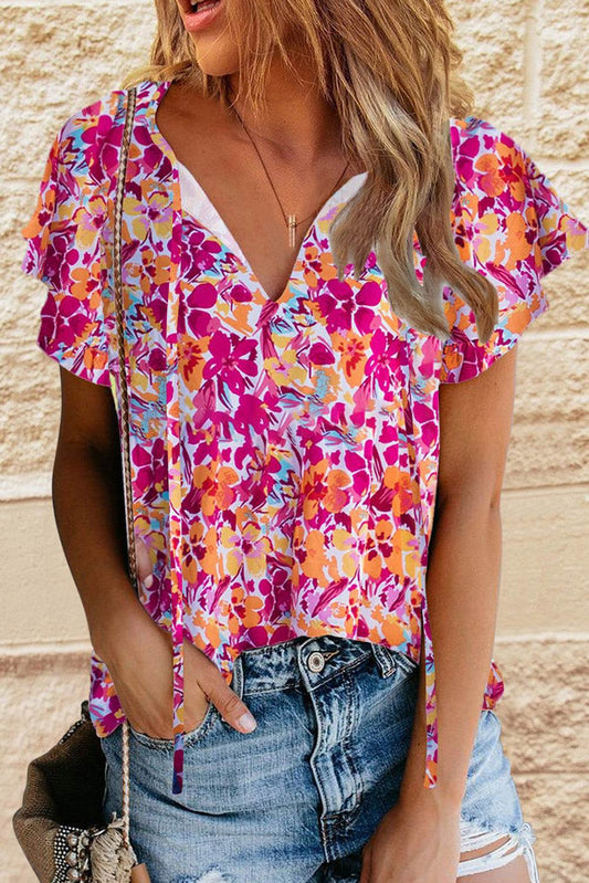 Fiery Red Flutter Sleeves Floral Print Top - 7 Semicolon Couture