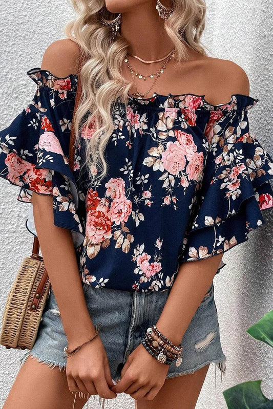 Blue Ruffle Off Shoulder Floral Blouse - 7 Semicolon Couture