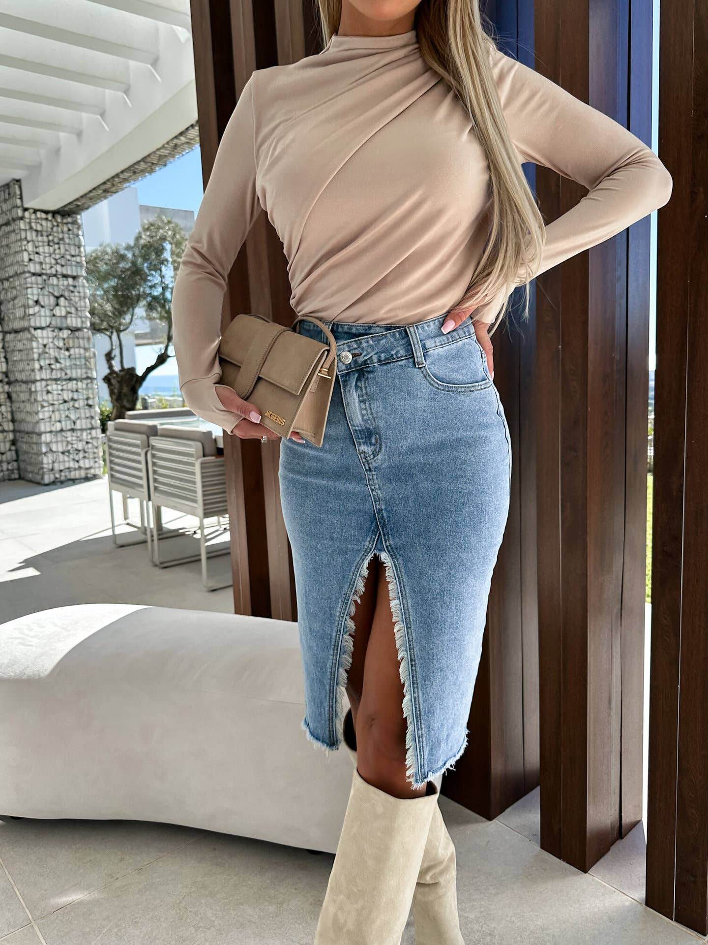 Solid Color Denim Split Skirt - 7 Semicolon Couture
