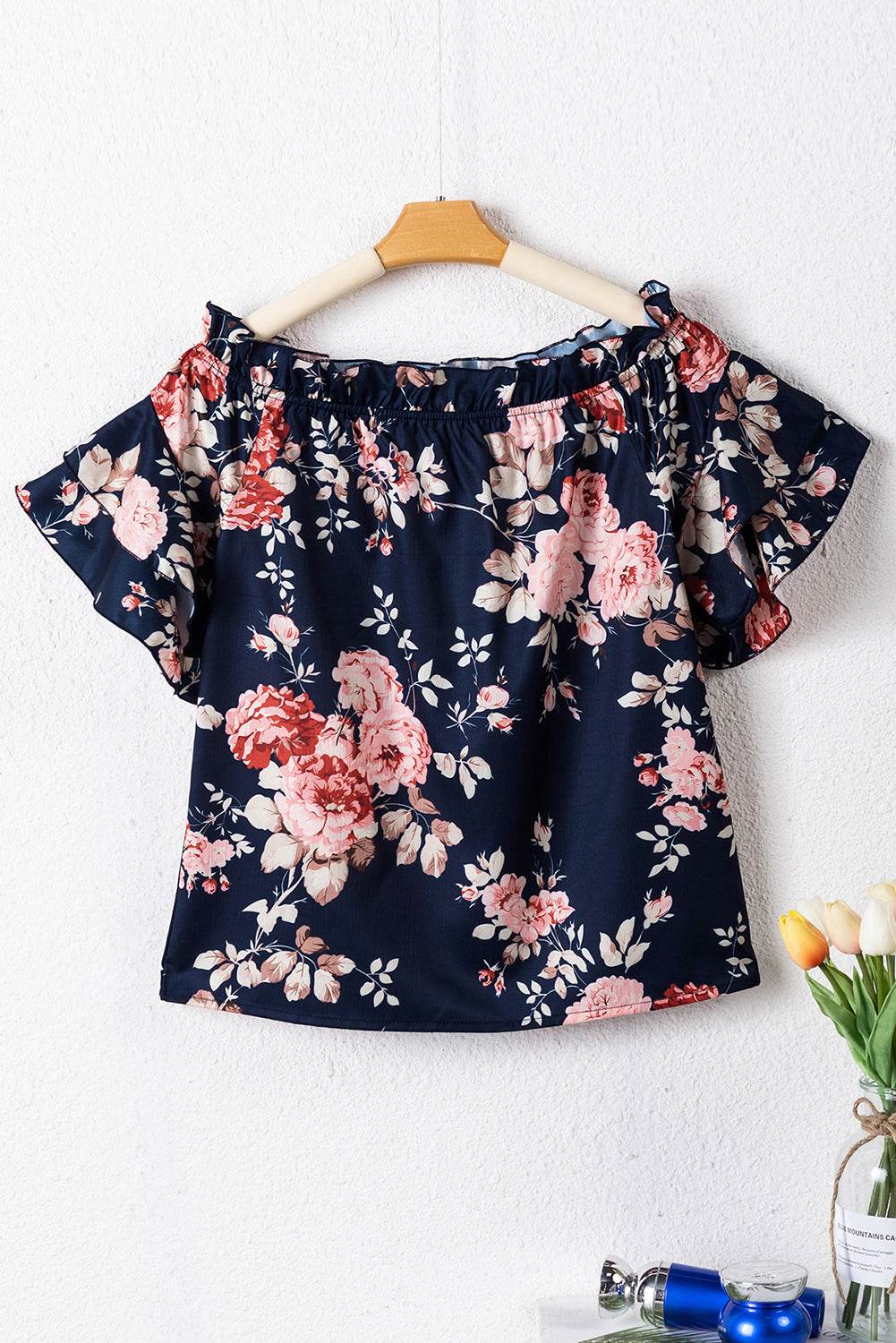 Blue Ruffle Off Shoulder Floral Blouse - 7 Semicolon Couture