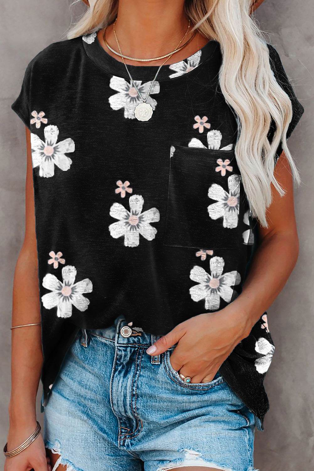 Floral Cap Sleeve T-shirt - 7 Semicolon Couture