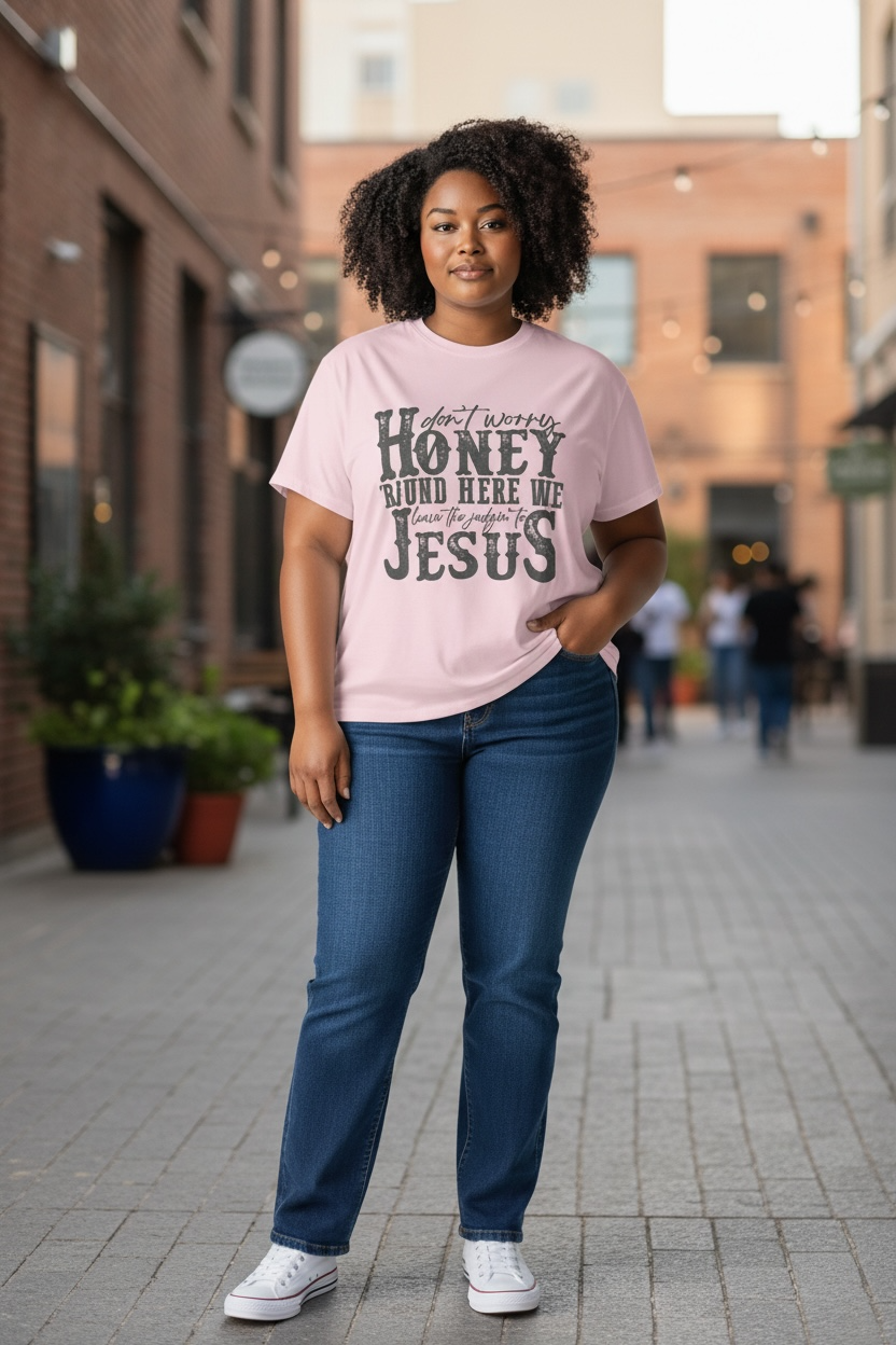 Leave the Judgin to Jesus Western-Graphic Tee- Pink