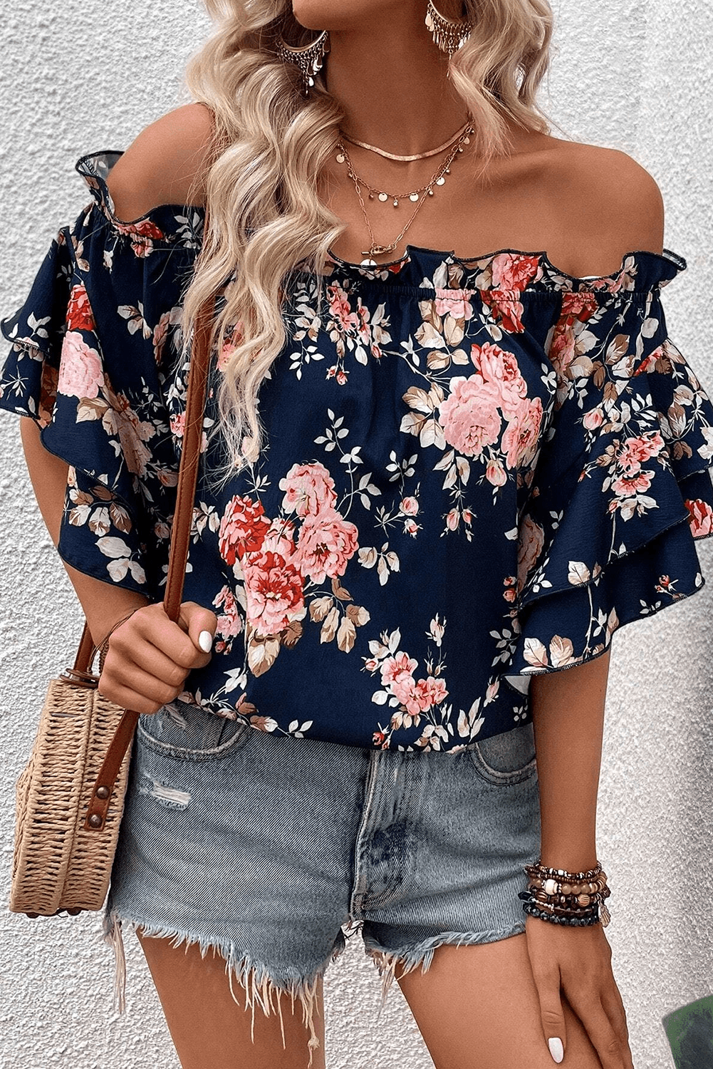 Blue Ruffle Off Shoulder Floral Blouse - 7 Semicolon Couture