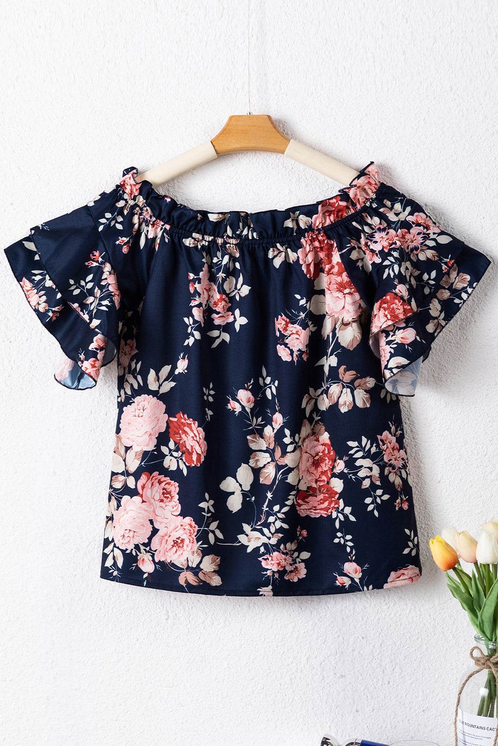 Blue Ruffle Off Shoulder Floral Blouse - 7 Semicolon Couture