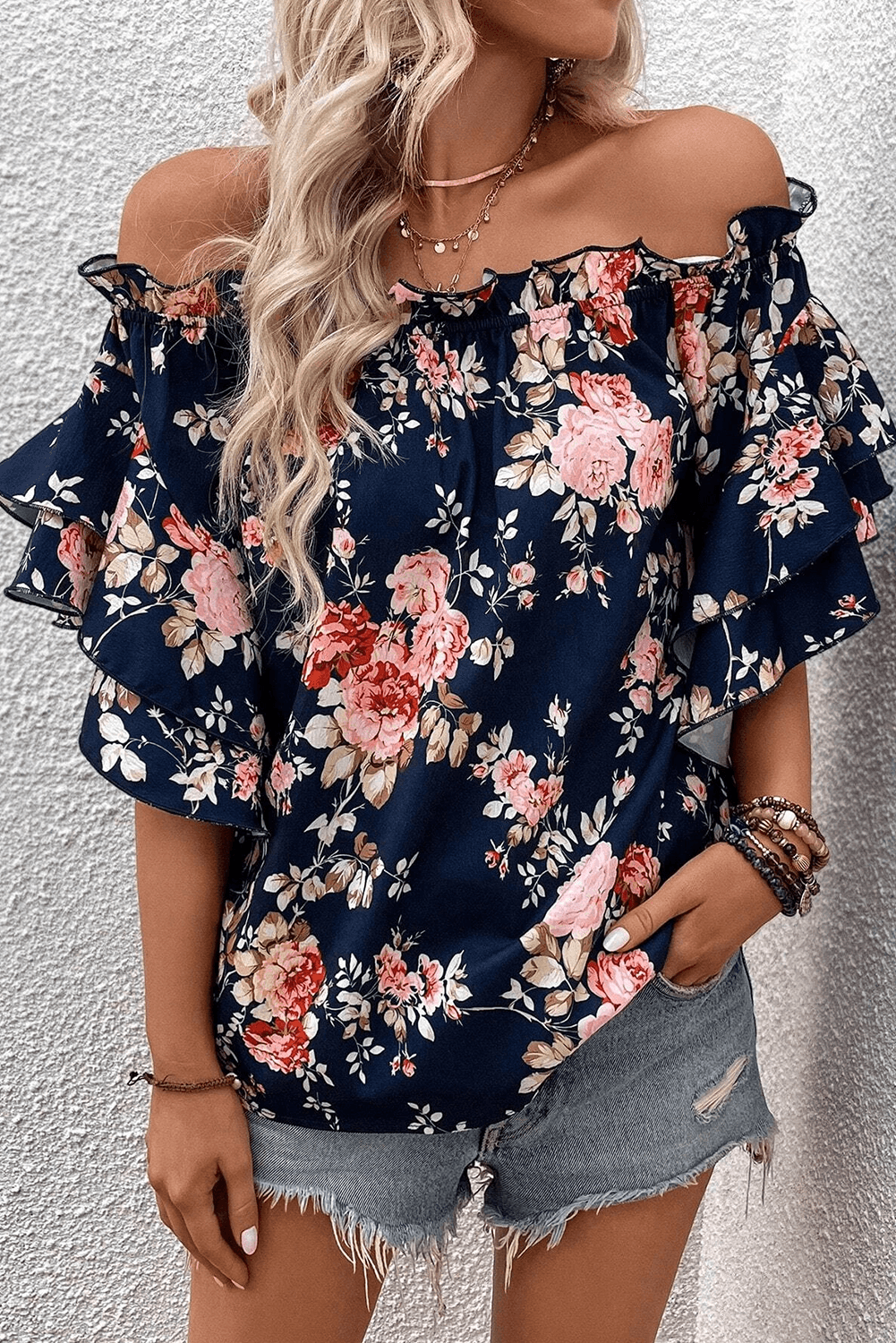 Blue Ruffle Off Shoulder Floral Blouse - 7 Semicolon Couture