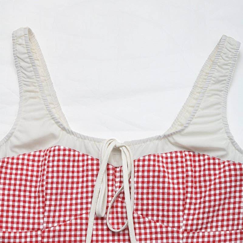 Colorblocked Checkered Lace-Up Vest Camisole - 7 Semicolon Couture