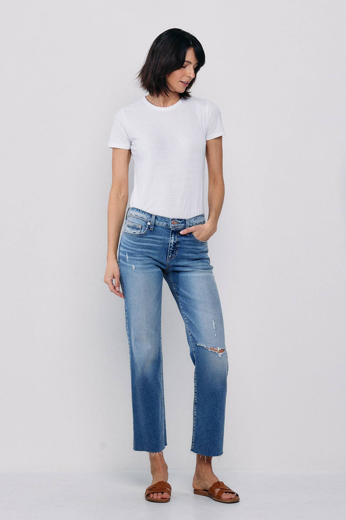 SNEAK PEEK- MID RISE STRAIGHT JEANS WITH KNEE RIPS