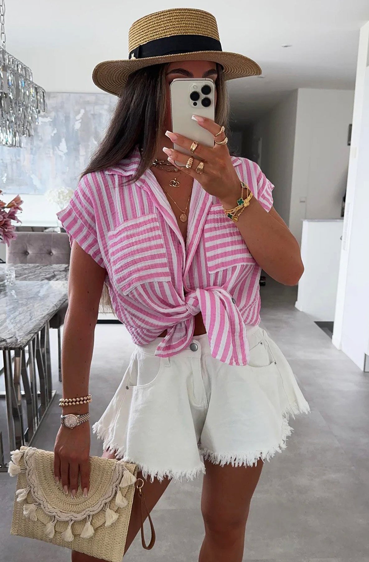 Brina Striped Pocket Detail Cotton Gauze Style Shirt Top-Pink