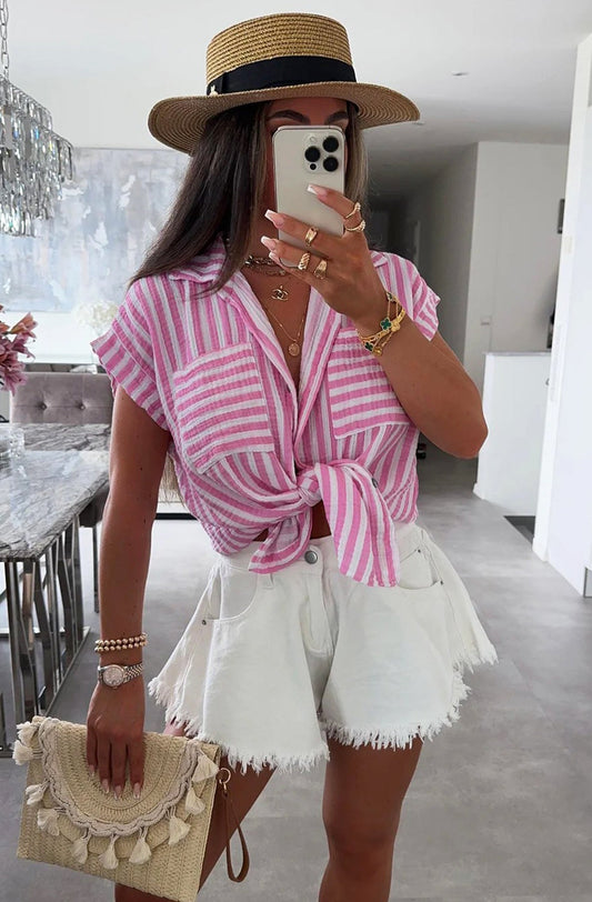 Brina Striped Pocket Detail Cotton Gauze Style Shirt Top-Pink