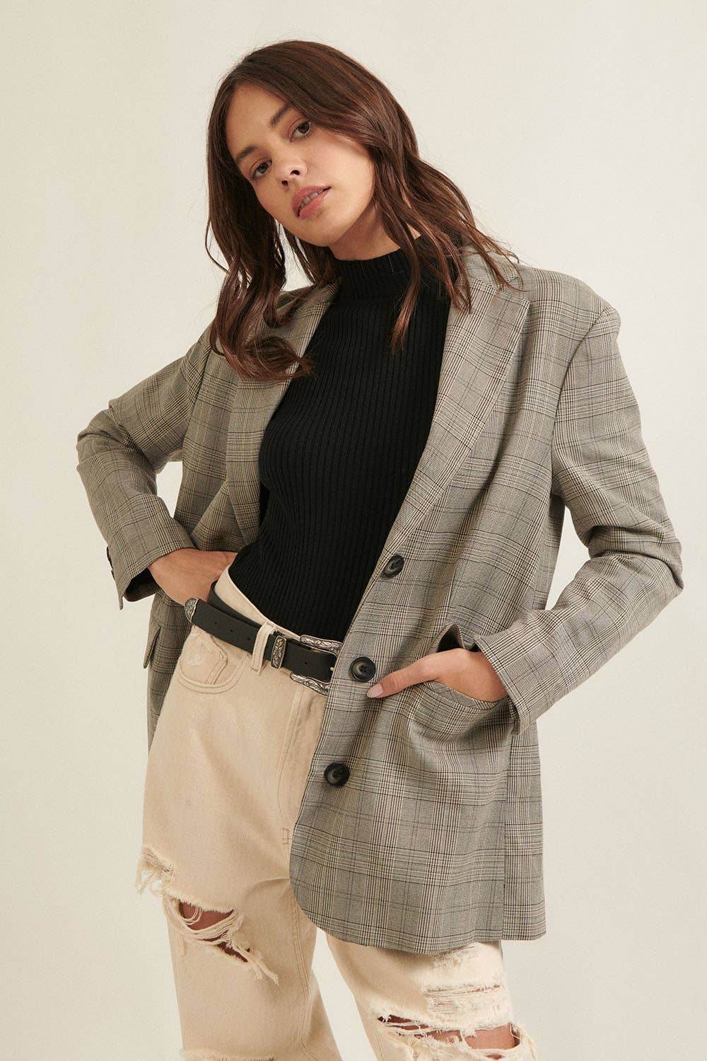 Check-Pattern Oversized Boyfriend Blazer - 7 Semicolon Couture