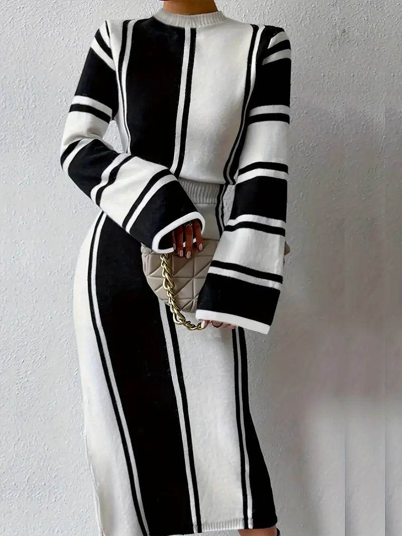 Color Block Striped Acrylic Knit Dress - Casual Crew Neck Fitted Midi Dress with Waist Cinching - 7 Semicolon Couture