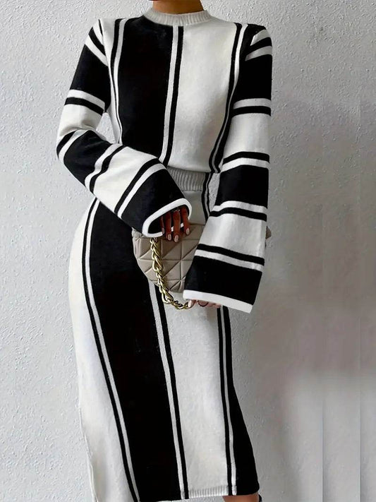 Color Block Striped Acrylic Knit Dress - Casual Crew Neck Fitted Midi Dress with Waist Cinching - 7 Semicolon Couture