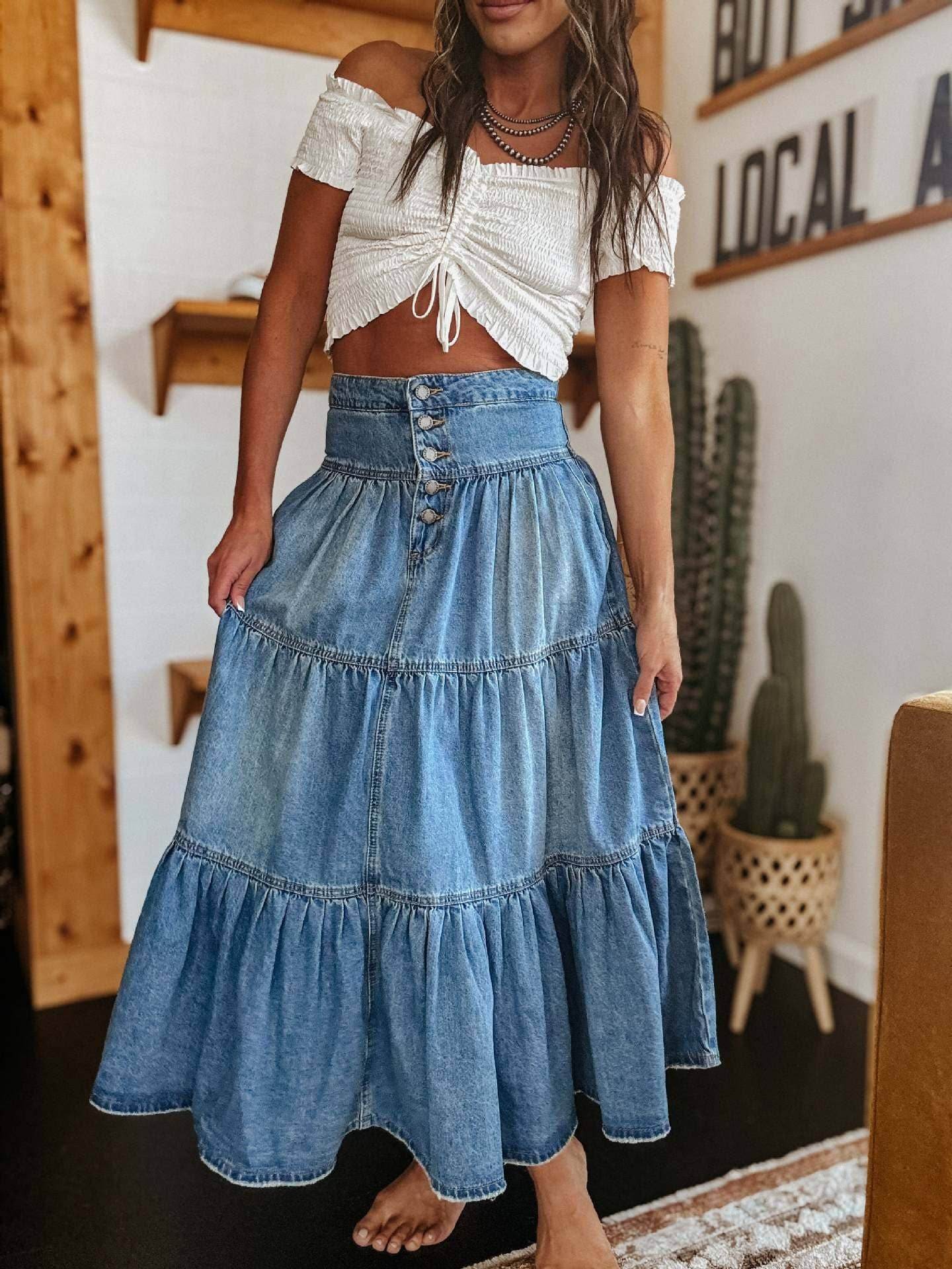 Bohemian Tiered Denim Skirt A-Line - 7 Semicolon Couture