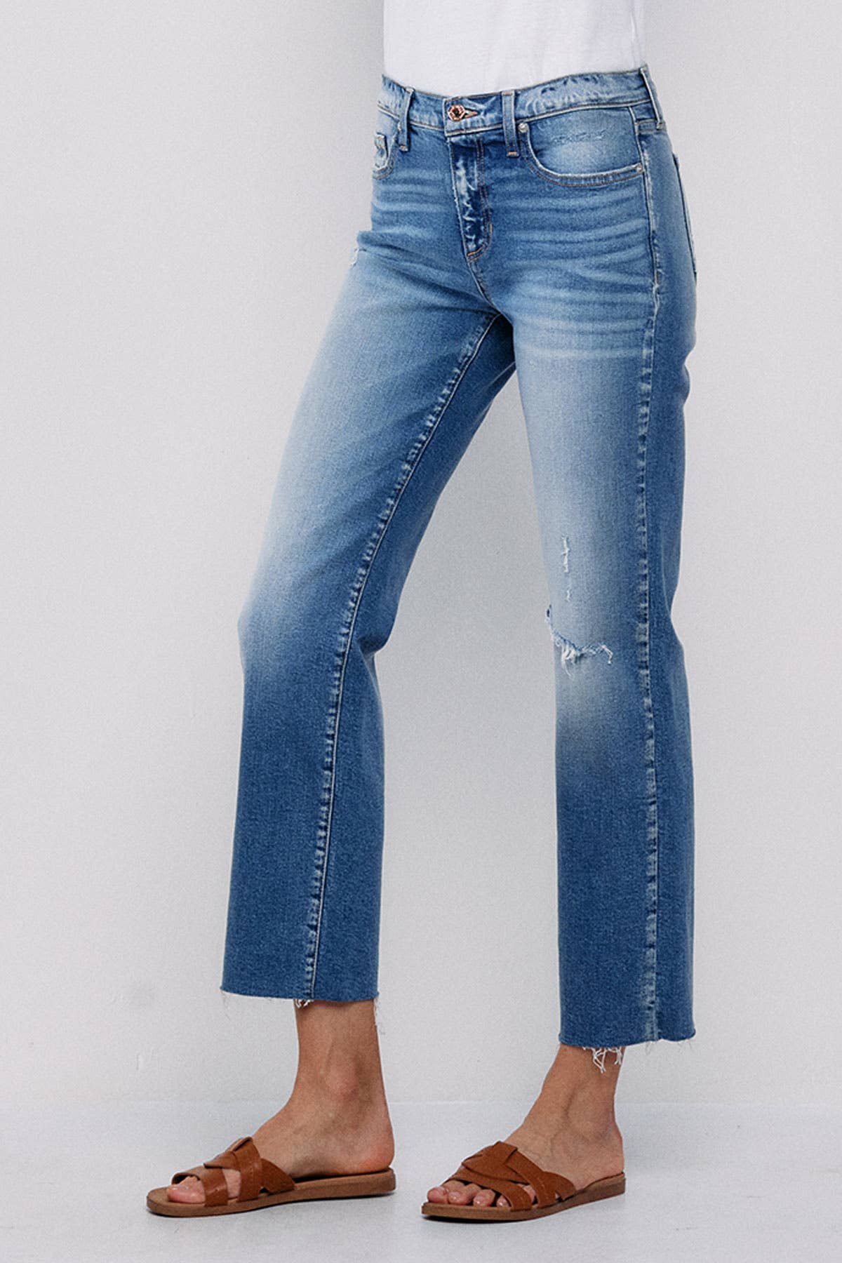 SNEAK PEEK- MID RISE STRAIGHT JEANS WITH KNEE RIPS