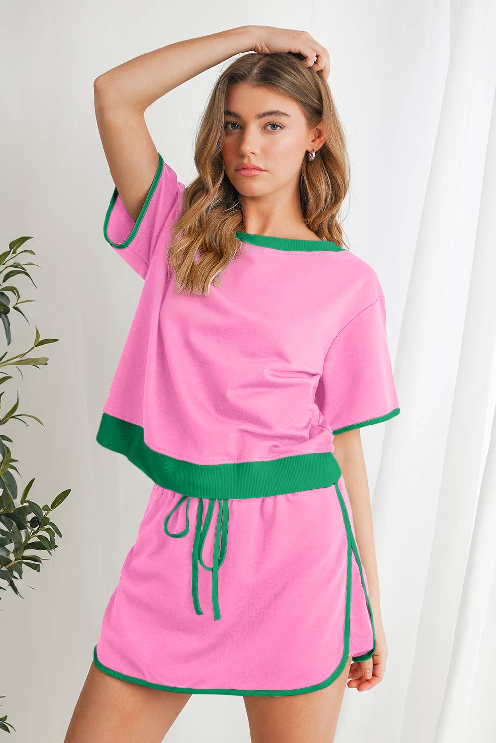 Shirt & Skirt Set-Color block Drop Shoulder