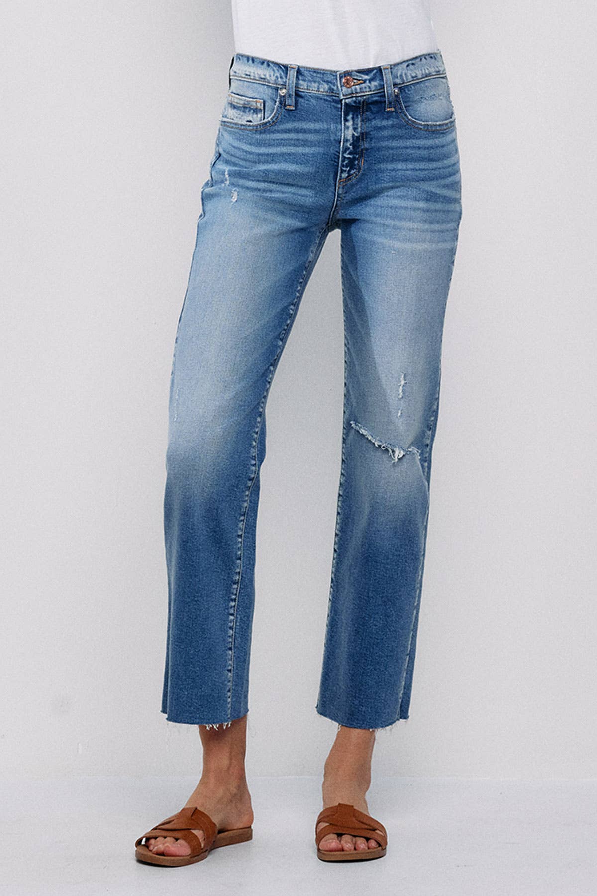 SNEAK PEEK- MID RISE STRAIGHT JEANS WITH KNEE RIPS