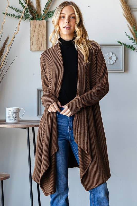 LONG SLEEVE SOLID URBAN RIBBED OPEN CARDIGAN - 7 Semicolon Couture