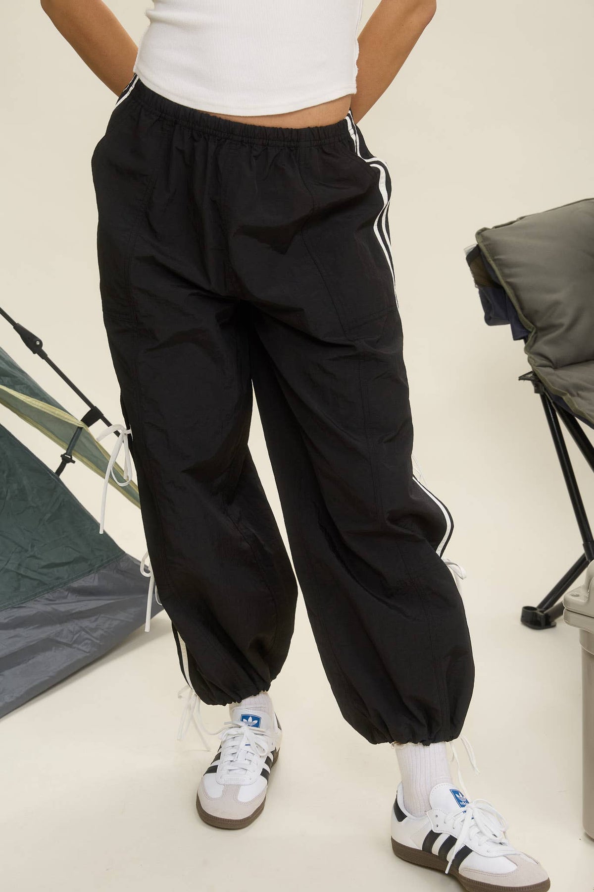 Black Side Stripe Tie Strap Track Jogger Pants