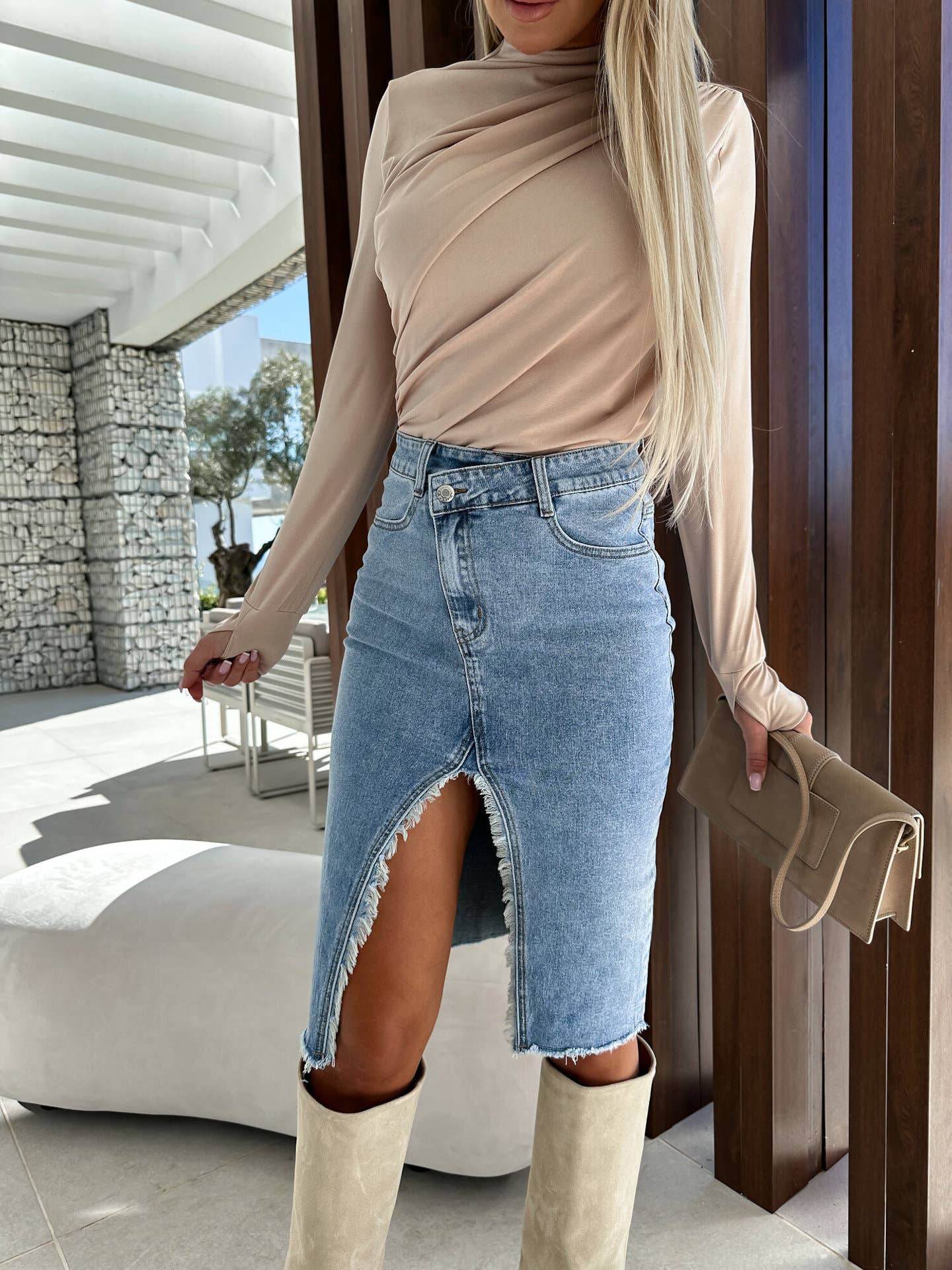 Solid Color Denim Split Skirt - 7 Semicolon Couture