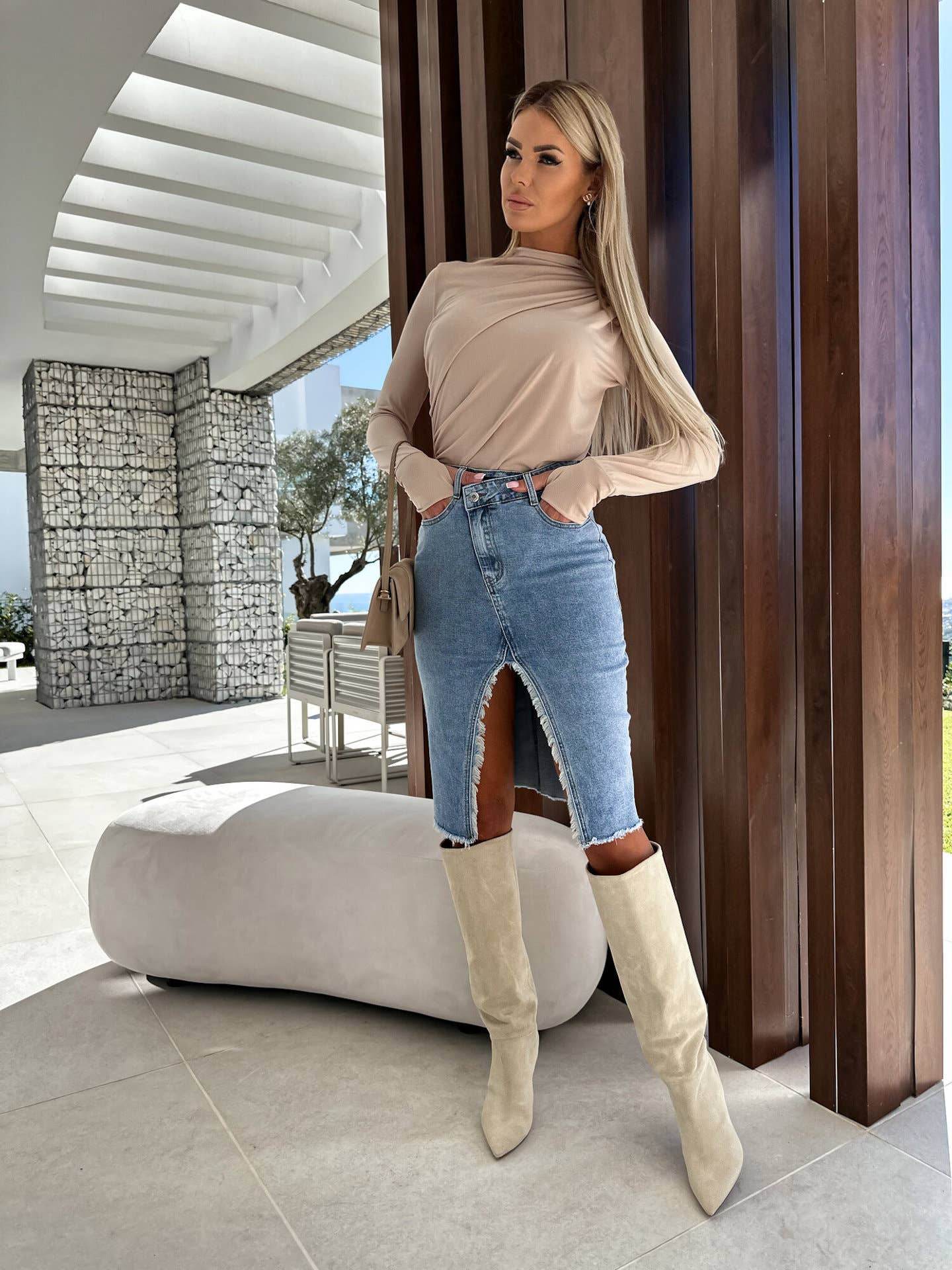 Solid Color Denim Split Skirt - 7 Semicolon Couture