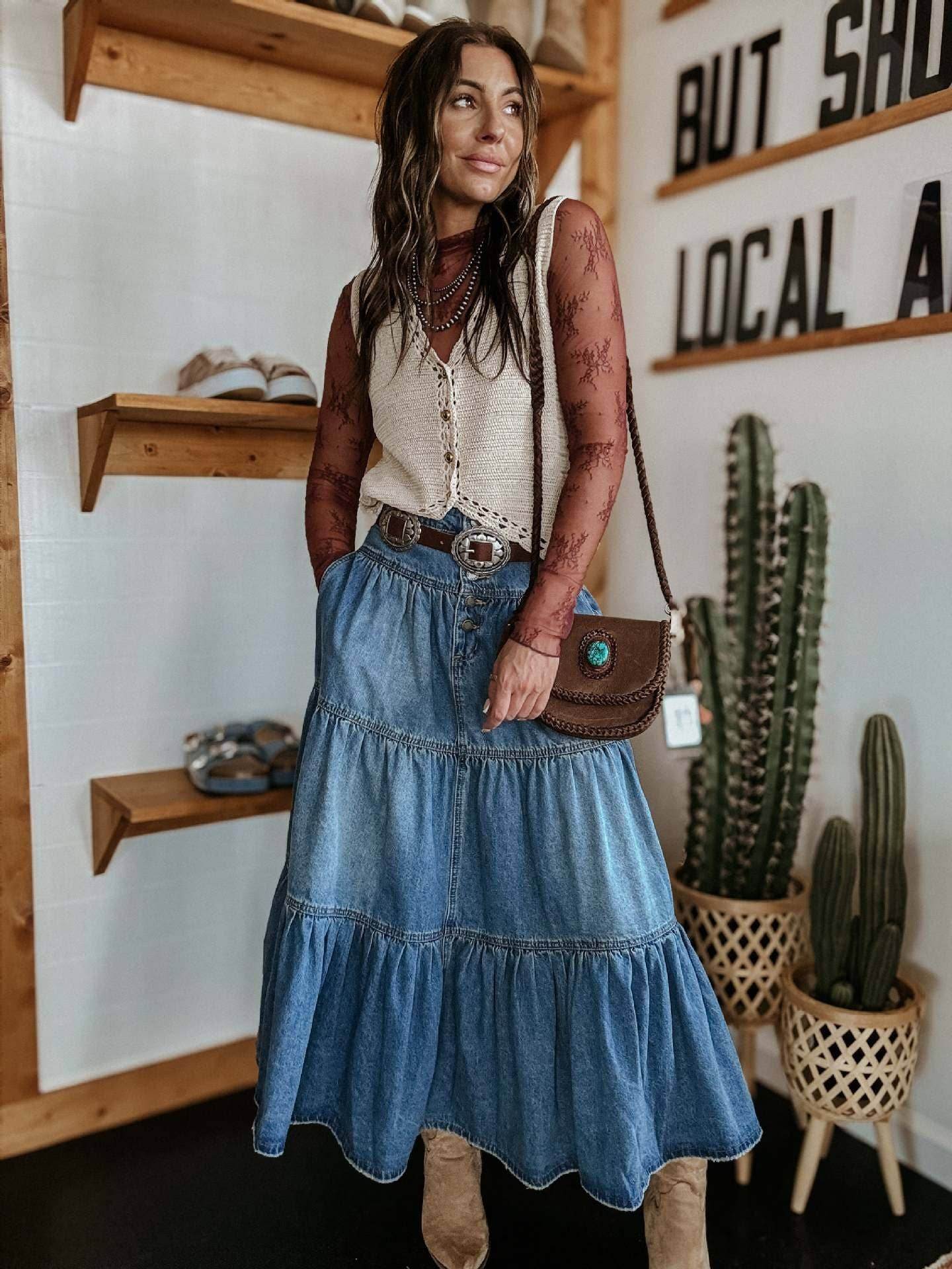 Bohemian Tiered Denim Skirt A-Line - 7 Semicolon Couture