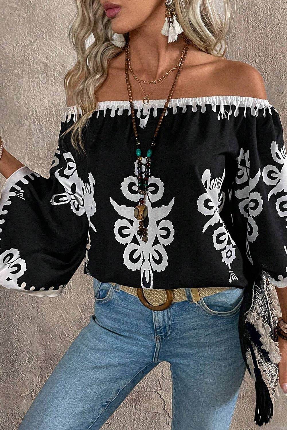 Boho Abstract Off Shoulder Blouse - 7 Semicolon Couture