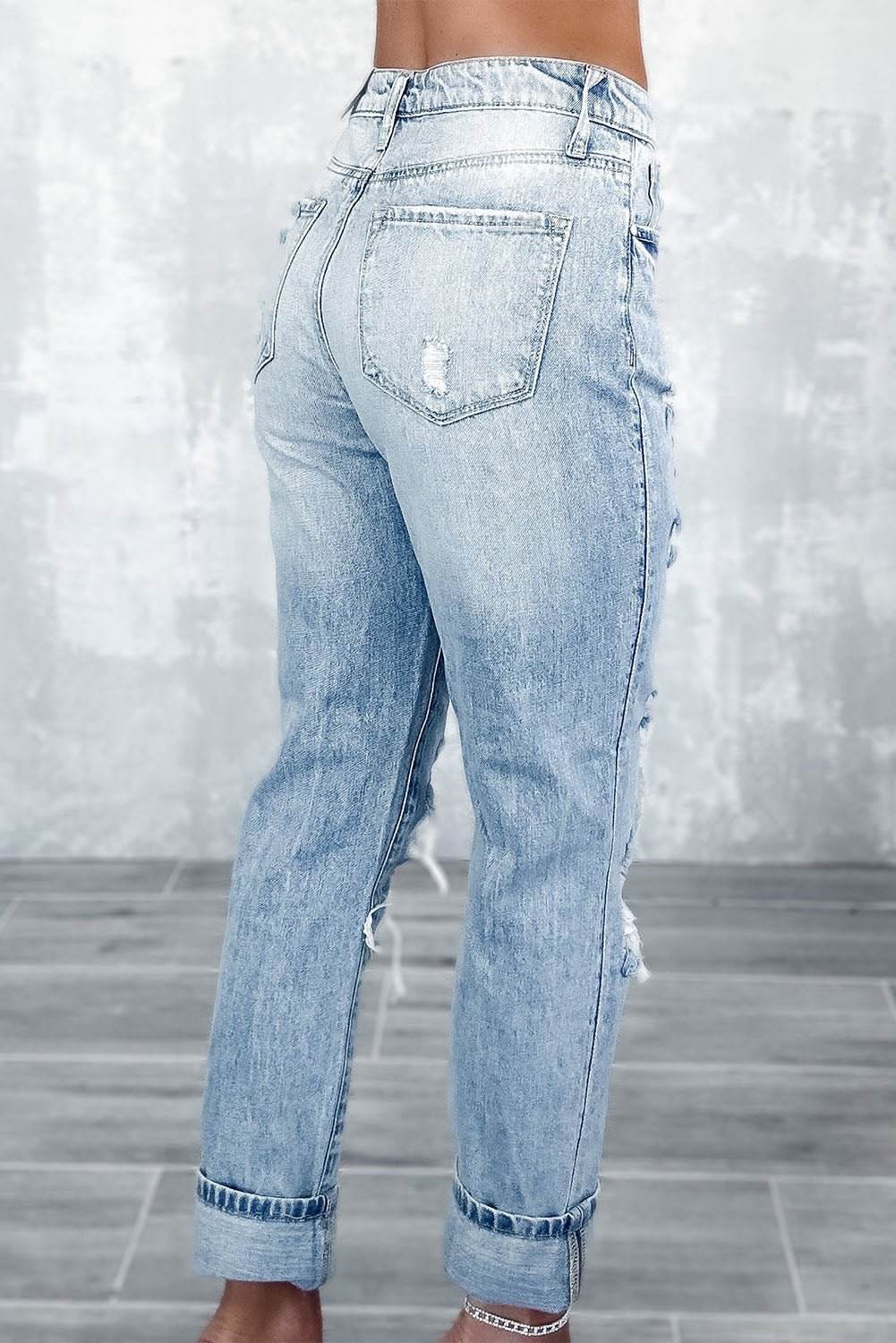 Frayed Slim Fit High Waist Jeans - 7 Semicolon Couture